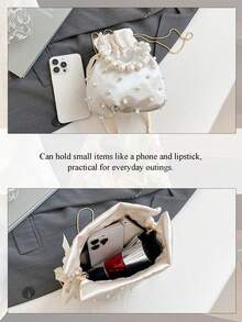 Mini Faux Pearl & Rhinestone Decor Bucket Bag Fashion Luxury Chic Mini Pearl Handle Bucket Shape Shoulder Bag Pearl Beaded Evening Handbag Custom Logo Purse - 藍色 - 查看 5