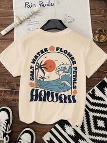 Áo thun cổ tròn in họa tiết sóng màu mơ cho nữ, áo mùa hè ngọt ngào và nhẹ nhàng với kiểu dáng ôm vừa vặn và tay ngắn, phù hợp để mặc thường ngày trong các kỳ nghỉ hàng ngày của phụ nữ, áo thun họa tiết cho nữ - Màu be - Xem 1