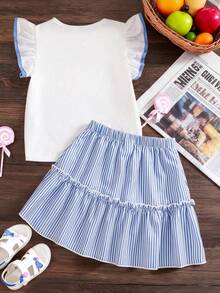 Young Girl Cartoon Print Round Neck Short Sleeve Top And Skirt Set - White - View 2