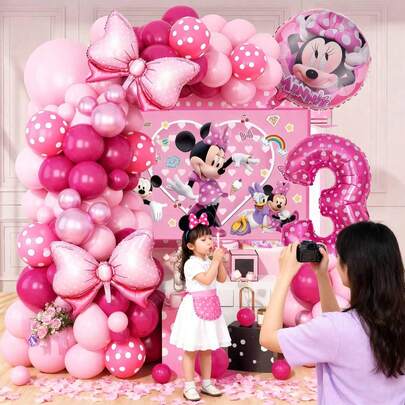 老鼠主题生日派对气球套装，活动装饰用品，粉色背景墙装饰气球，派对游戏和庆祝装饰品