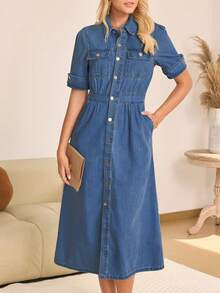 High Waist Non-Stretch Shirt Collar Denim Shirt Dress, Short Sleeve Roll-Up Cuff, Casual Daily Wear - 深色水洗藍 - 查看 6