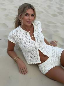 女士夏季度假套装，钩针网纱性感镂空沙滩短袖针织罩衫+短裤两件套 - 女士度假两件套，钩针罩衫夜店装，女士性感修身款