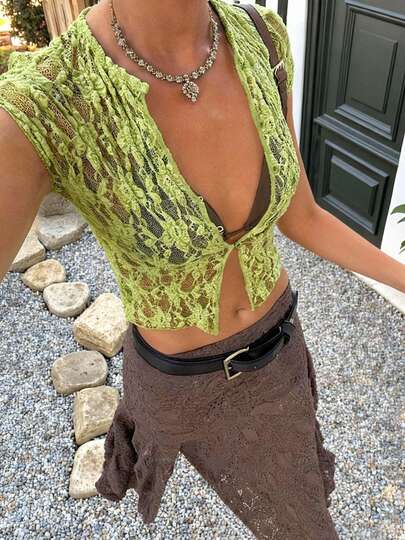 Summer Women's Casual Fashion Elegant Holiday Solid Color Sexy Style Green Hollow Out Lace Translucent Button Women's Knit Cardigan Top