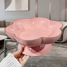 1pc Elegante bandeja de frutas con borde dorado y diseño floral - Plato de servicio de plástico duradero de gran capacidad para la hora del té, fiestas y decoración del hogar - Perfecto para pasteles, postres y bocadillos - Regalo ideal para bodas, inauguración de casas, Navidad - Crema - Ver 1