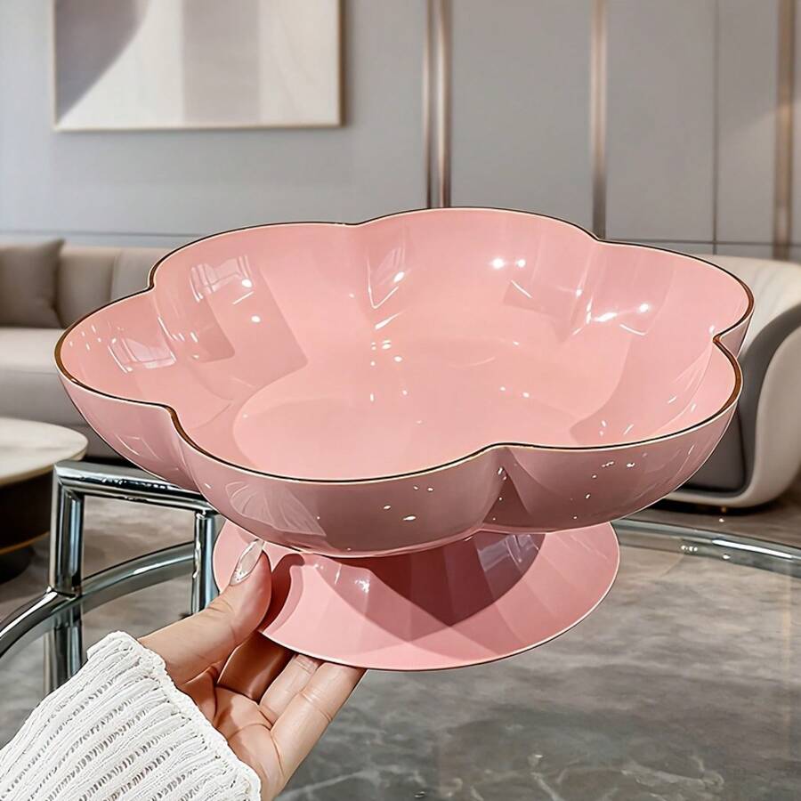 1pc Elegante bandeja de frutas con borde dorado y diseño floral - Plato de servicio de plástico duradero de gran capacidad para la hora del té, fiestas y decoración del hogar - Perfecto para pasteles, postres y bocadillos - Regalo ideal para bodas, inauguración de casas, Navidad - Crema - Ver 1