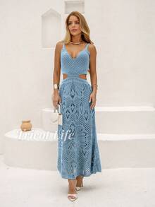 Women's Midi Dress, Knit With Lace, Party, Beach, Sophisticated, New Year's Eve, Christmas, Vacation, Beach, Wedding, Bridesmaid - 淺藍色 - 查看 7