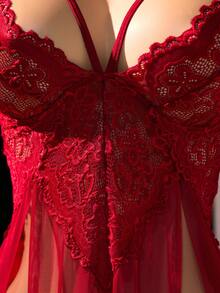 Valentine's Day Pajama Sets For Women,Plain Contrast Lace  Backless  Bow Slit Mesh Strapless Sexy Dress, Burgundy Deep V Backless Silky Doll Dress With  Sheer  Thongs, Deep Night Couple Romantic LingerieSet.Comfortable Sleepwear,Suitable For Dates, Parties, Intimate Occasions - Màu Đỏ Sâu - Xem 4