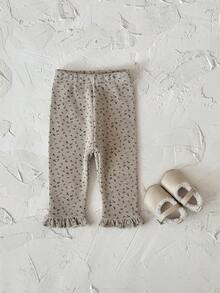 Baby Girls' Ditsy Floral Thermal Lined Pants With Ruffle Hem, Apricot, Winter - Apricot - View 8