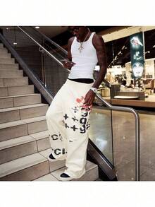 Retro Streetwear Casual Sports Sweatpants Y2K Fall/Winter Hip-Hop Print Loose Straight-Leg Wide-Leg Pants - 白色01 - 查看 2