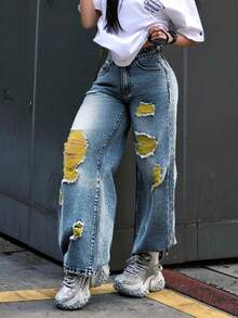Women's Straight Leg Jeans With Yellow Frayed Details - Distressed Denim Pants With Slant Pockets, Streetwear Grunge Style - Dark Wash - View 5