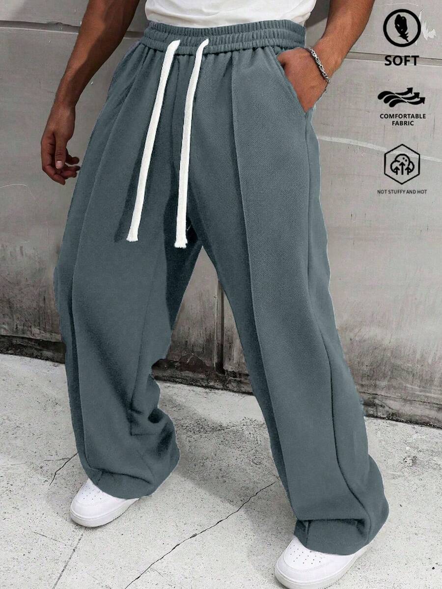 Men's Solid Color Loose-Fit Ice Silk Pants, Classic Straight-Leg Casual Pants With Drawstring Waist For Daily Wear - Grey - View 1