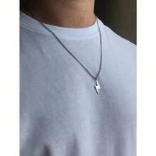 Stainless Steel Lightning Bolt Necklace For Men - Stylish Guy's Gift, Boyfriend Necklace, Curb Chain - Unisex Accessory Christmas New Year Valentine's Day Holiday Gift - 閃電 - 查看 1