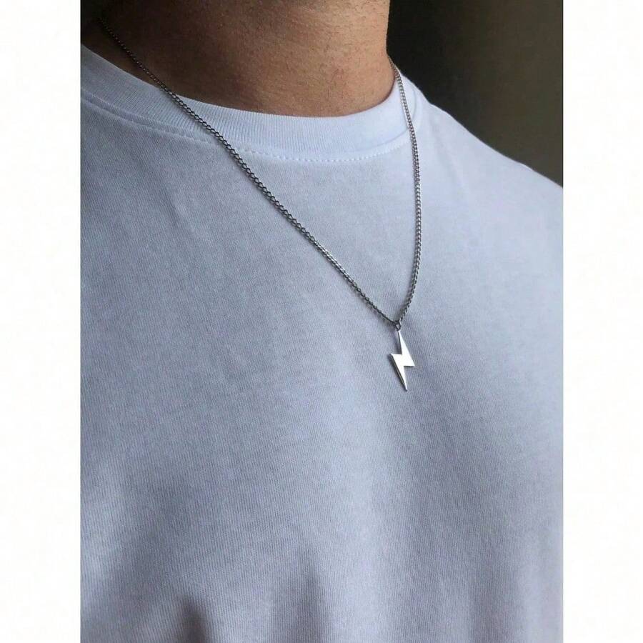 Stainless Steel Lightning Bolt Necklace For Men - Stylish Guy's Gift, Boyfriend Necklace, Curb Chain - Unisex Accessory Christmas New Year Valentine's Day Holiday Gift - 閃電 - 查看 1