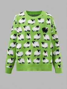 Sheep Pattern Crew Neck Sweater, Casual Long Sleeve Knit Sweater, Women, Christmas & New Year Fall - Green - View 7