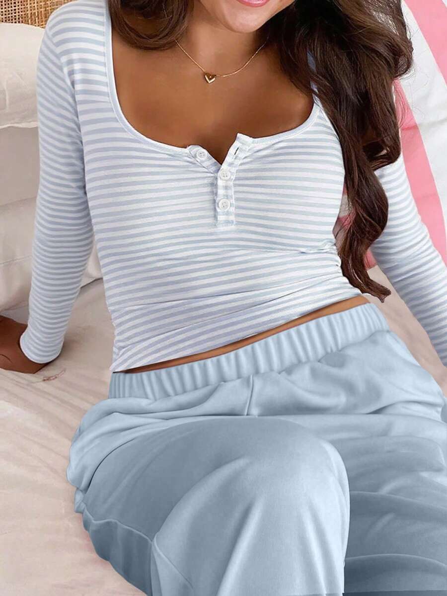 VIVINA 女士春夏时尚休闲简约针织条纹圆领长袖基础款T恤，适合外出、睡衣、派对、情人节、室内/居家聚会、夏季穿着 - 藍色 - 查看 1