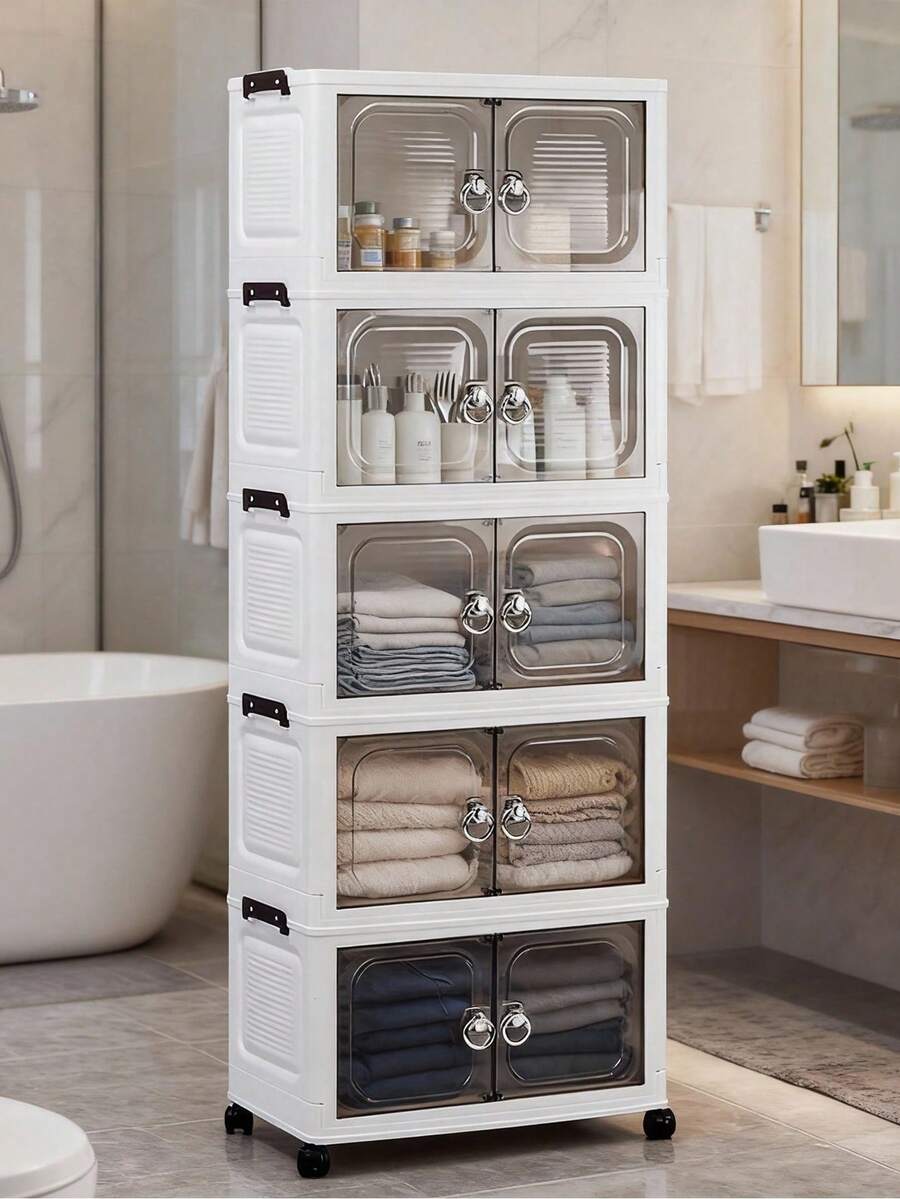 1pc (38cm-58cm Wide) Foldable Plastic Double Door Storage Cabinet, Collapsible Wardrobe, Home Portable Closet, Living Room Toy Cabinet, Snack Cabinet, Kitchen Storage Cabinet, Christmas & Halloween Gift, Bathroom Tissue Box, Bedroom Floor Rack, Collapsible Shoe Rack - 無色 - 查看 1