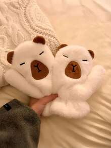 1 Pair Teens Adorable Cartoon Winter Mittens - Thermal Lined Warm Gloves With Lanyard For Campus & Outings - Kapibala - View 3