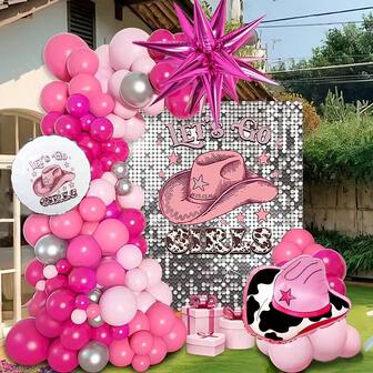 107件套西部风粉色牛仔女郎气球花环套装，包含粉色牛仔帽、“Let's Go Girls”铝箔气球、粉色和银色星爆气球，迪斯科牛仔女郎主题派对用品，适合单身派对、生日庆祝、80/90年代主题派对、女孩生日派对、情人节派对装饰