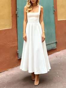 Floreya纯色休闲优雅梭织面料拉链连衣裙，适合春夏约会、派对、婚礼等场合，白色 - 白色 - 查看 4