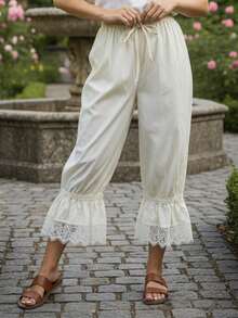  Women Lace Long Pants Elastic Waist Ruffle Pettipants Slip Cute Pumpkin Pants - 米色 - 查看 2