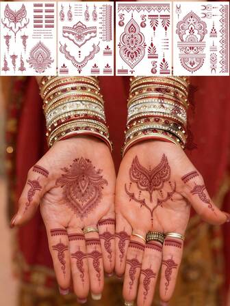 Red Haina Hand-Painted Tattoo Sticker With Elegant Lace Lace And Mandala Pattern, Minimalist Style Tattoo Sticker For Bride Haina, DIY Party, Party, Wedding, Temporary Waterproof Fake Tattoo Sticker