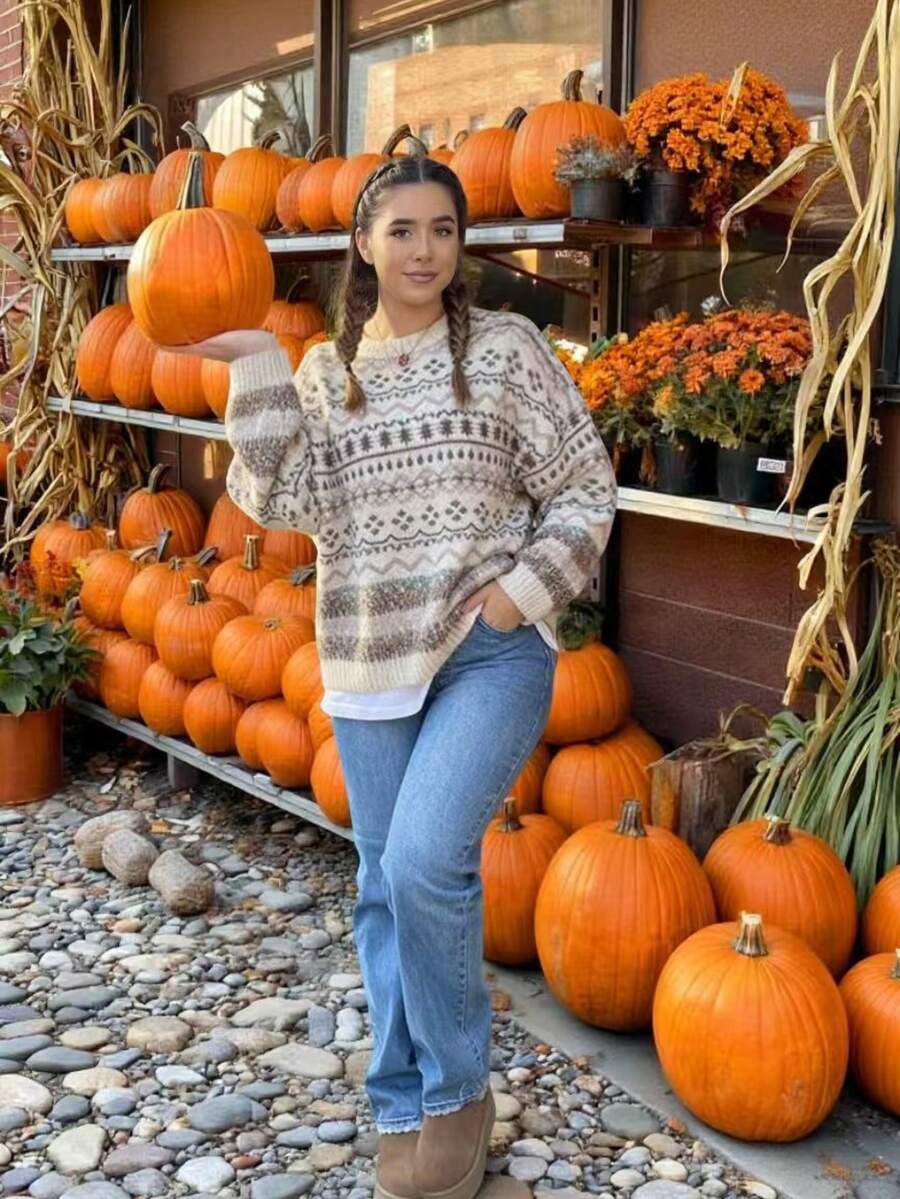 FOR BEAUTY 复古圆领费尔岛提花长袖针织毛衣，女士宽松休闲套头衫，新年