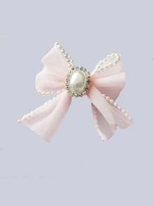 1pc Pearl Mesh Bow Pet Hair Clip With Rhinestone Frog Clasp, Wedding Headpiece For Cats And Dogs - Multicolor - View 7