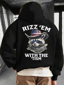 Men'S Patriotic Raccoon Hoodie - Funny "RIZZ 'EM With THE TISM" Slogan Sweatshirt, Black Hooded Pullover With American Flag Graphic, Cozy Knit Long Sleeve Winter Apparel For Everyday & Themed Events, Machine Washable Casual Streetwear, Autumn Fashion, Playful Design, Comfortable Material, Hooded Sweater, Humor Lovers - màu đen - Xem 1