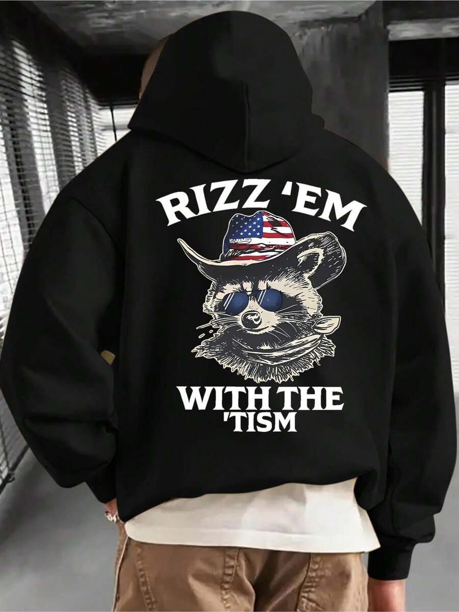 Men'S Patriotic Raccoon Hoodie - Funny "RIZZ 'EM With THE TISM" Slogan Sweatshirt, Black Hooded Pullover With American Flag Graphic, Cozy Knit Long Sleeve Winter Apparel For Everyday & Themed Events, Machine Washable Casual Streetwear, Autumn Fashion, Playful Design, Comfortable Material, Hooded Sweater, Humor Lovers - màu đen - Xem 1