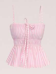 Women's Cropped Peplum Top, Summer Style, With Ruffled Hem. - Pink and White - View 1