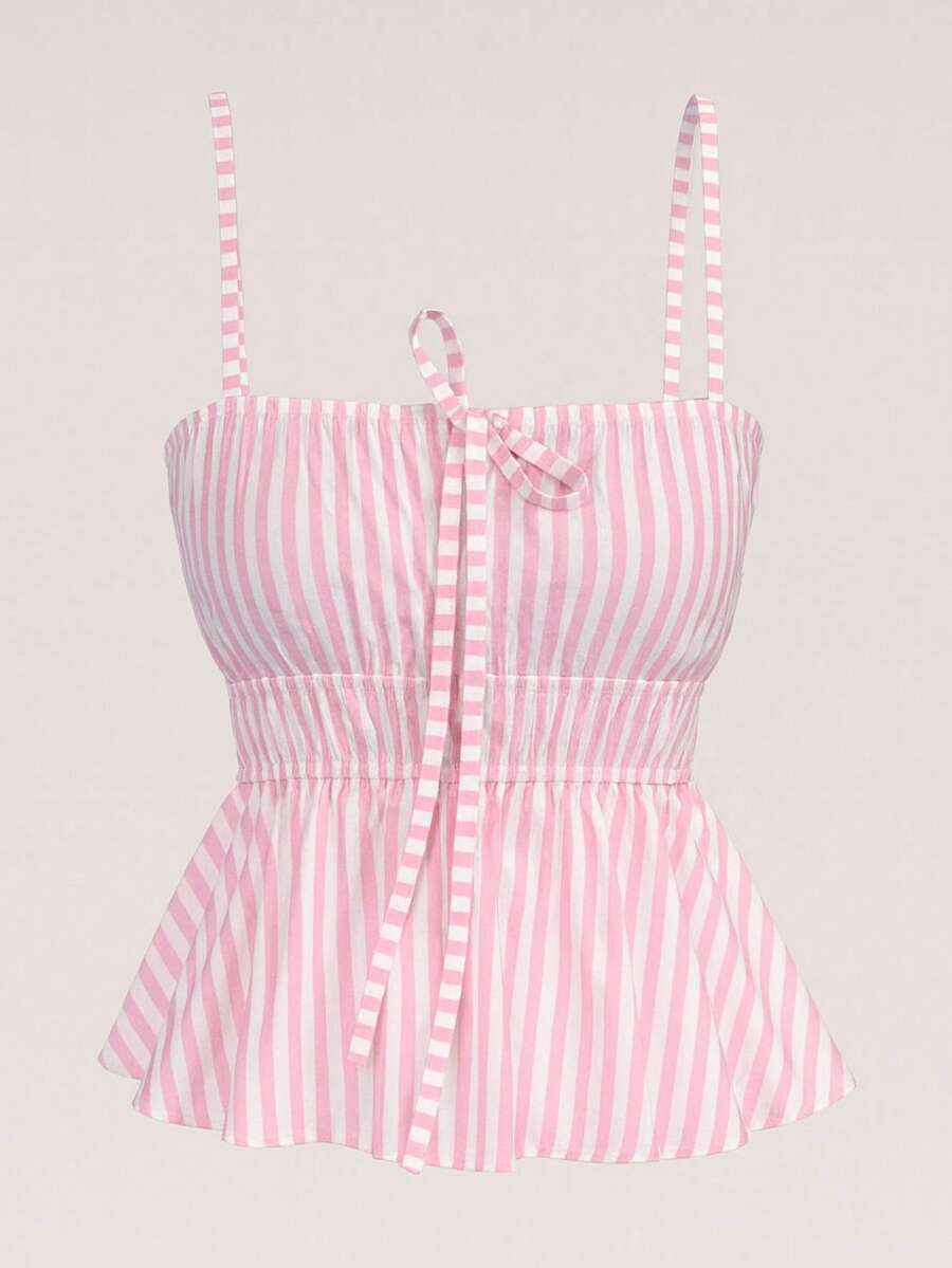 Women's Cropped Peplum Top, Summer Style, With Ruffled Hem. - Pink and White - View 1