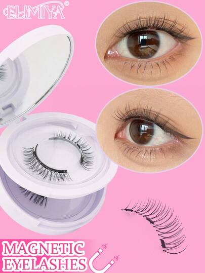 2对自然交叉短款磁性假睫毛，带佩戴器，可重复使用，防水，无需胶水