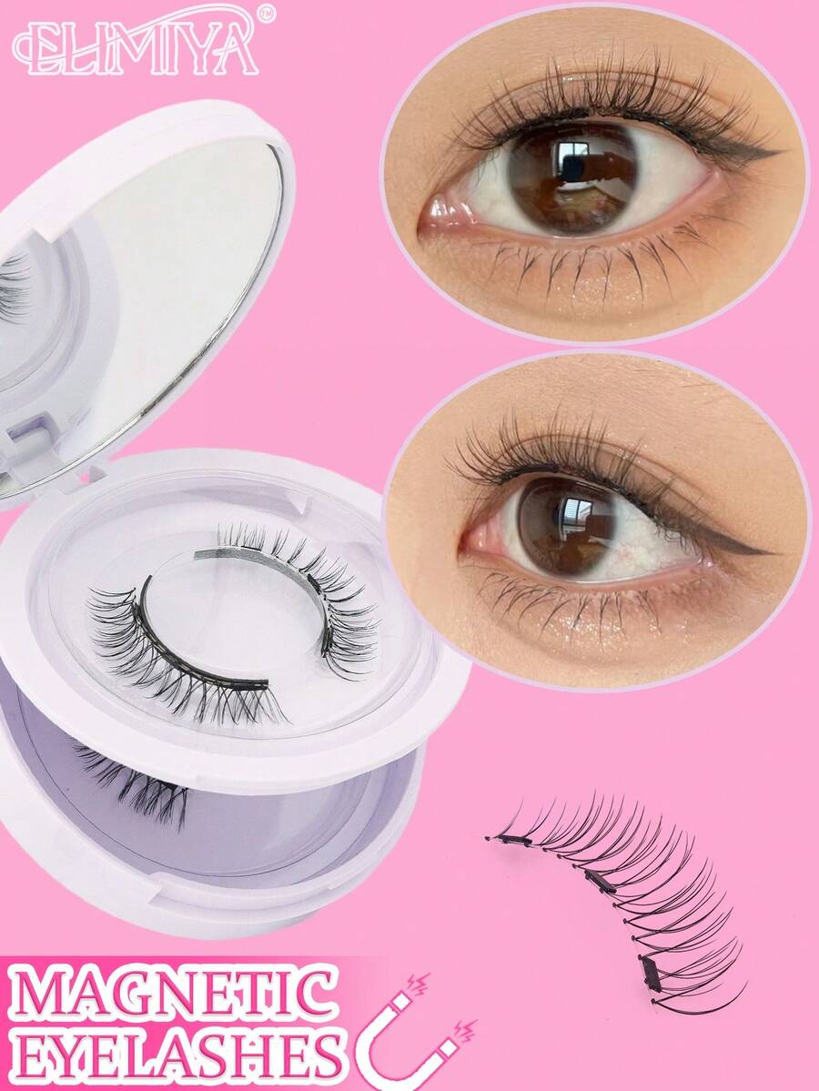 2对自然交叉短款磁性假睫毛，带佩戴器，可重复使用，防水，无需胶水 - 自然纖長款 - 查看 1
