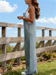 女式长款连体裤，无袖细肩带设计，纽扣和口袋细节，时尚休闲连体裤 - 深灰色 - 查看 3