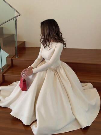 Elegant Minimalist Fashion Casual Retro Pleated Maxi Long Sleeve Solid Color Winter Dress For Women, Suitable For Formal Events, Parties, School, Office, Vacation, Autumn/Winter