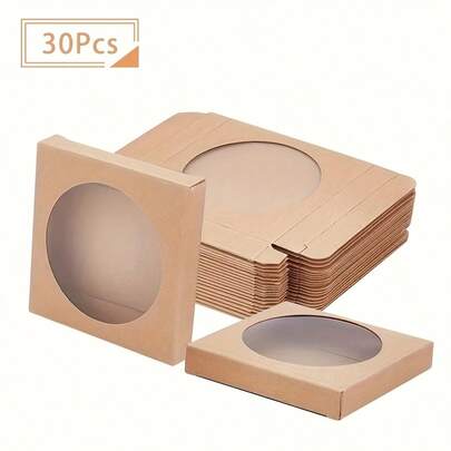 30pcs Kraft Paper Gift Boxes With Clear Window - Foldable Rectangular Wedding Favor Boxes, 3.54" X 3.54" X 0.59", Jewelry Display And Party Gift Boxes, Square Paper Boxes Suitable For Birthday, Valentine's Day, Christmas, Halloween And Other Occasions