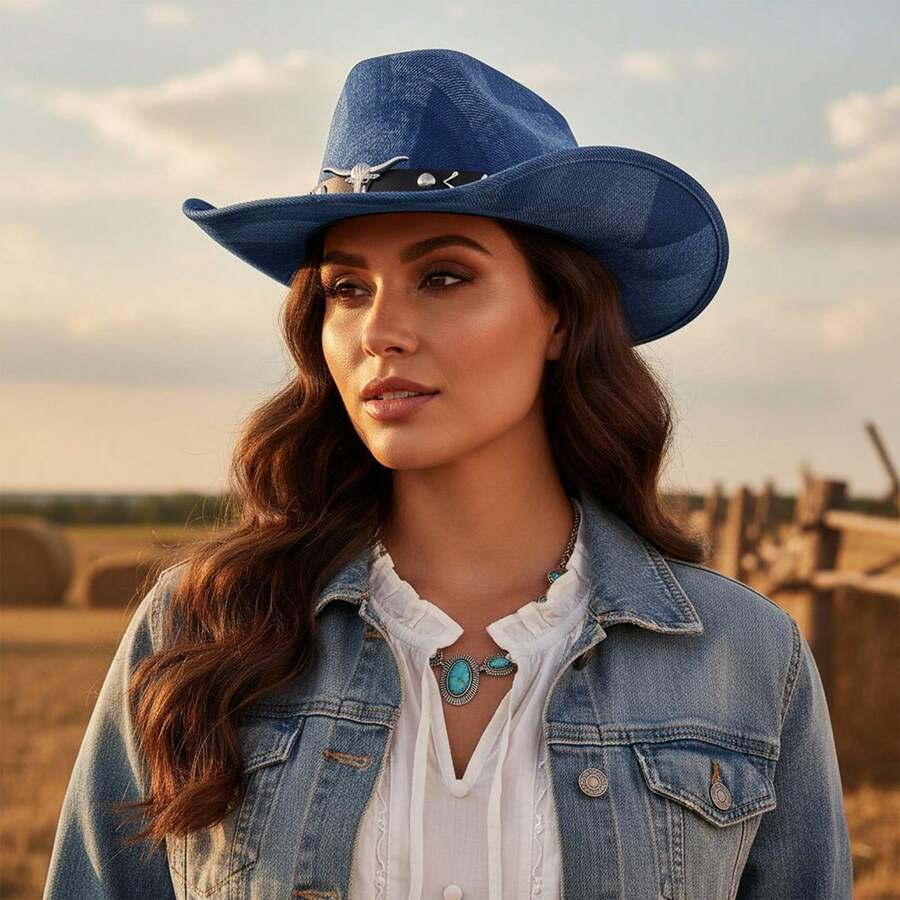 Sombreros de vaquera occidentales de mezclilla para adultos, modernos y clásicos, con ala ancha y cabeza de toro, para viajes al aire libre. - Azul - Ver 1