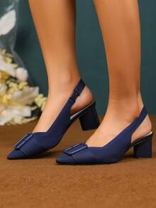 Ladies' Pointy, Shallow-Mouthed Hollow Fabric Buckles Are Casual And Breathable, And They Are Decorated With Large-Size High-Heeled Shoes With A Back Strap.  Office - Màu xanh lam - Xem 2