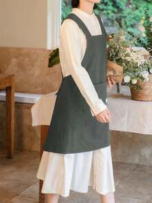 Women's Japanese Adjustable Wide Shoulder Strap Apron Back Cross Design For Kitchen Cooking Baking Gardening Plus Size C6OM - 深灰色 - 查看 3