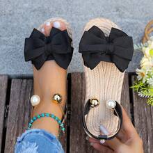 蝴蝶结花朵装饰女士沙滩凉鞋，甜美仙女风，百搭，防滑软底，夏季海滩度假 - 黑色 - 查看 13