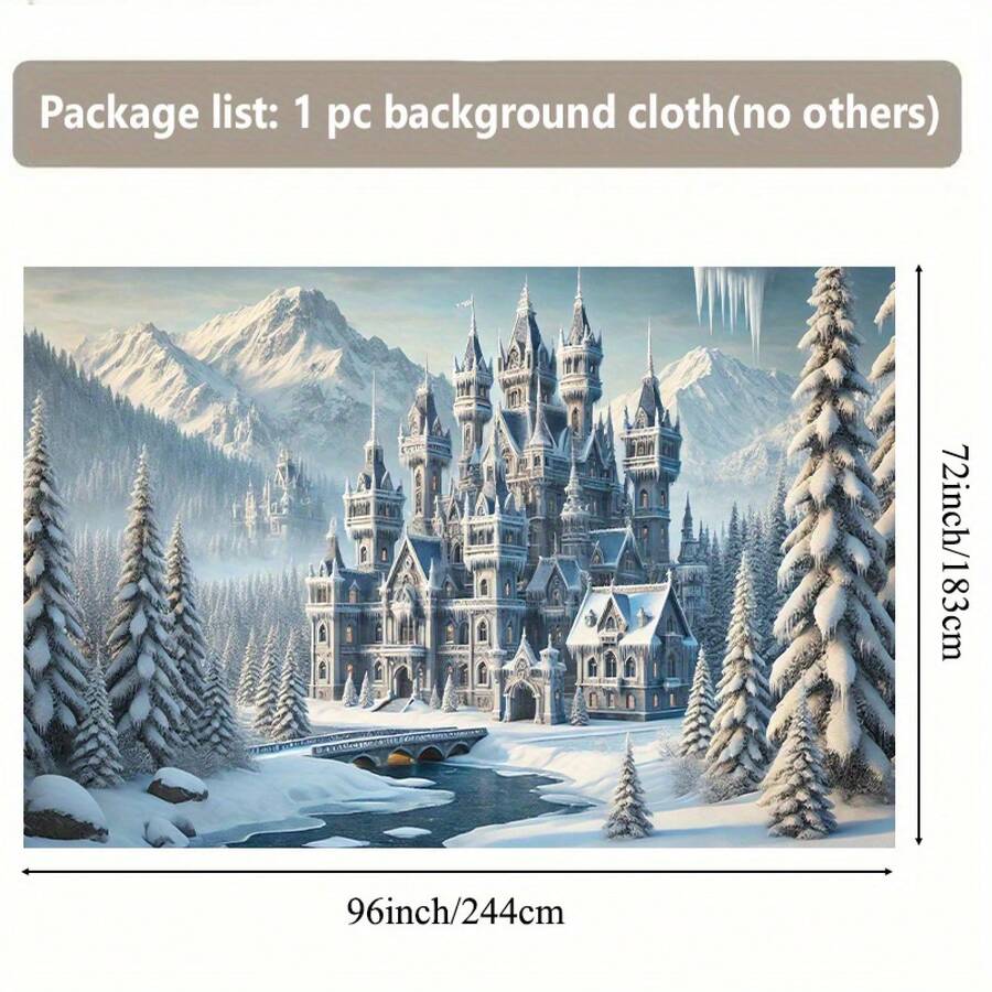 Enchanting Winter Palace Backdrop Banner - 8x6ft Large, Snow-Covered Castle & Frozen River Scene, Durable Polyester Wall Decor For Living Room, Bedroom, Office, Studio, Parties, And Celebrations - No Electricity Required, Winter Wonderland Decorations - 如圖所示 - 查看 1