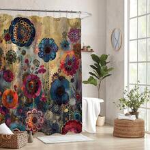 1pc Boho Chic Mandala Floral Shower Curtain With 12 Hooks - Durable Polyester, Machine Washable, Perfect For Home & Dorm Decor