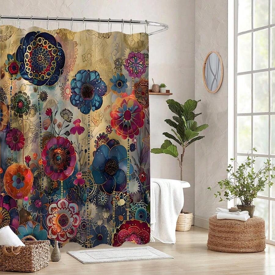 1pc Boho Chic Mandala Floral Shower Curtain With 12 Hooks - Durable Polyester, Machine Washable, Perfect For Home & Dorm Decor