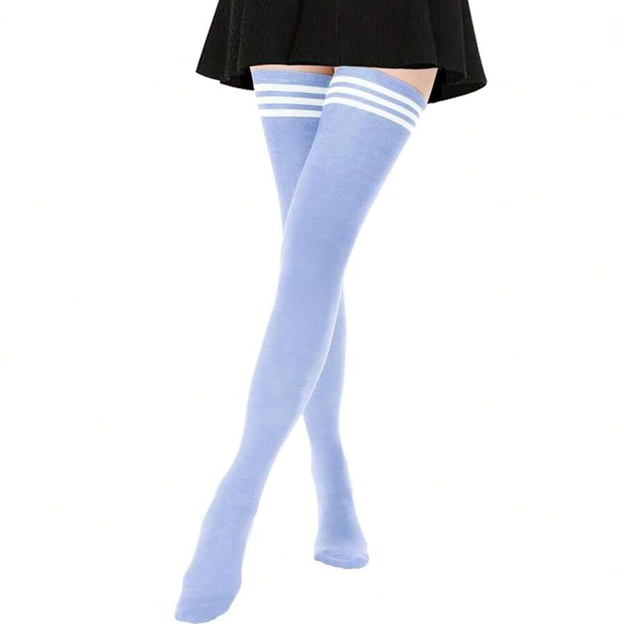 DRESHOW Extra Long High Thigh Socks Striped Over Knee Thin Tights Long StocFKing,1PairLonger/Regular:PaleLakeBlue(WhiteStripe) - 1雙加長/常規款:淺湖藍(白條紋) - 查看 1