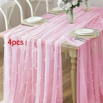 [Pearl Tulle Tablecloth] 4pcs White Pearl Tulle Tablecloth And Table Runner | Extra Long Wedding Decoration, Arch Reception Bride Gift, Christmas Table Decoration