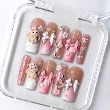 DiDazzle 10 PCS Handmade Square Press - On Nails | Bunny Square Nails With Acrylic Brown & Pink Bases, Bunny & Bow Embellishments - Hồng - Xem 9
