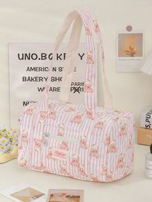 1 Piece Pink Strip Print Boston Bag Foam Quilted Tote Bag Large Capacity Travel Shoulder Bag Cute Cartoon Bear Pattern Shopping Tote Bag  Portable Travel Essentials Storage Bag Multi-Pocket Gym Bag Soft Fabric Cosmetics Storage Bag Fashionable Travel Makeup Handbag Multi-Functional Items Organizer Bag Gym Bag Ladies Accessories Travelling Stuff School Supplies Back To School Gifts Christmas Gift - 粉紅色條紋小熊 - 查看 3