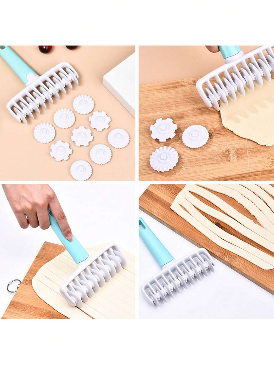 全新家用面团滚轮雕刻套装：烘焙工具，配有 4 种不同的齿轮形雕刻装饰工具，适用于面包、甜点和蛋糕。 - 彩色 - 查看 1