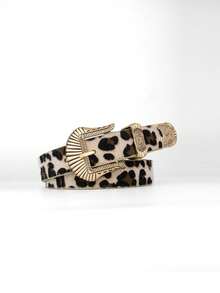 1pc, Leopard Print Belt, Gold Fan-Shaped Buckle Vintage Belt, Women's Structured Belt, American Retro-Inspired Fashion Accessory. - Multicolor - View 2