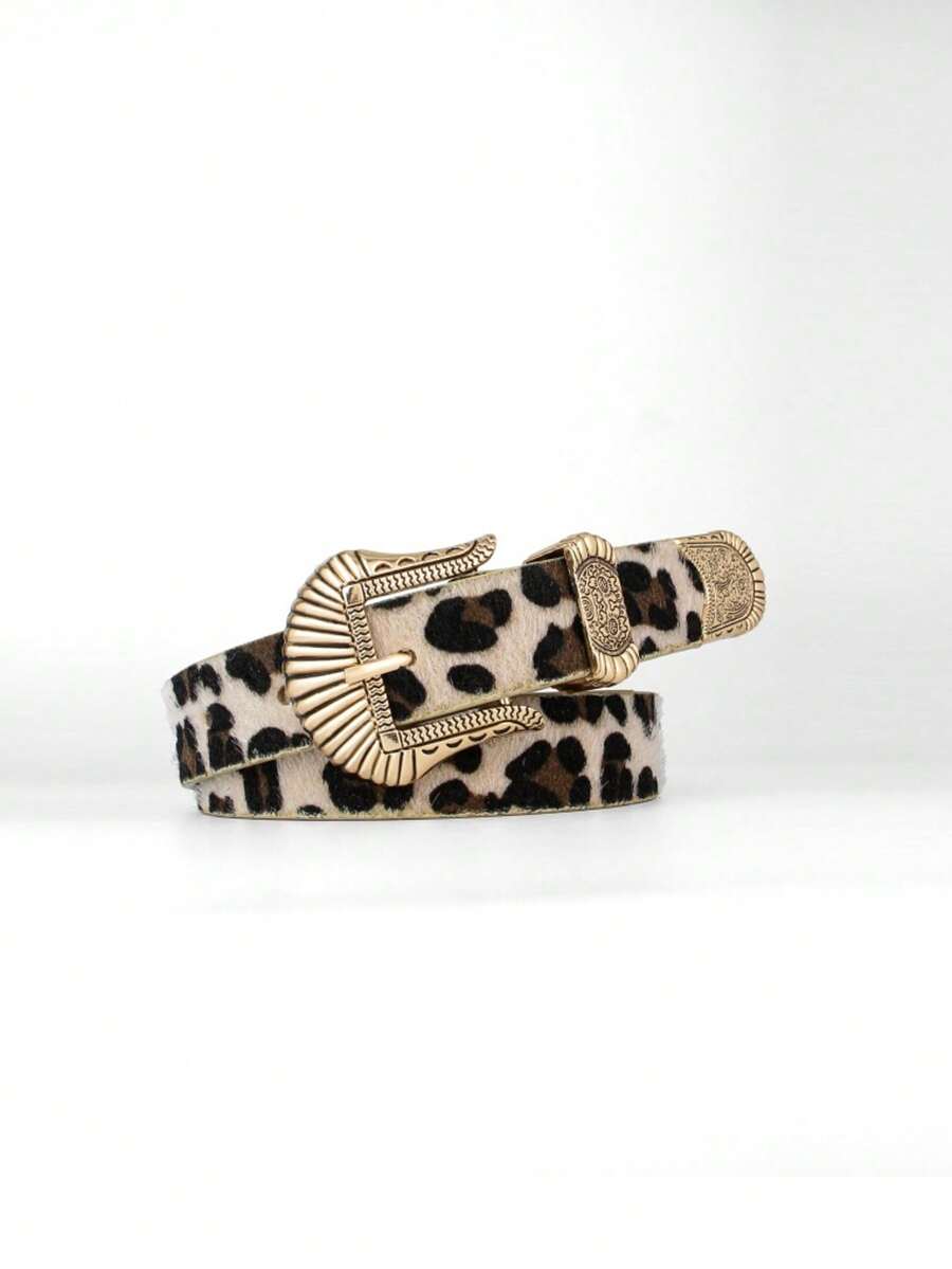 1pc, Leopard Print Belt, Gold Fan-Shaped Buckle Vintage Belt, Women's Structured Belt, American Retro-Inspired Fashion Accessory.
